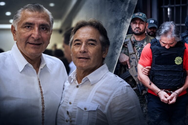 Hernán Bermúdez Requena, exsecretario de Seguridad de Tabasco, esposado y escoltado por agentes de seguridad tras su detención en Paraguay.