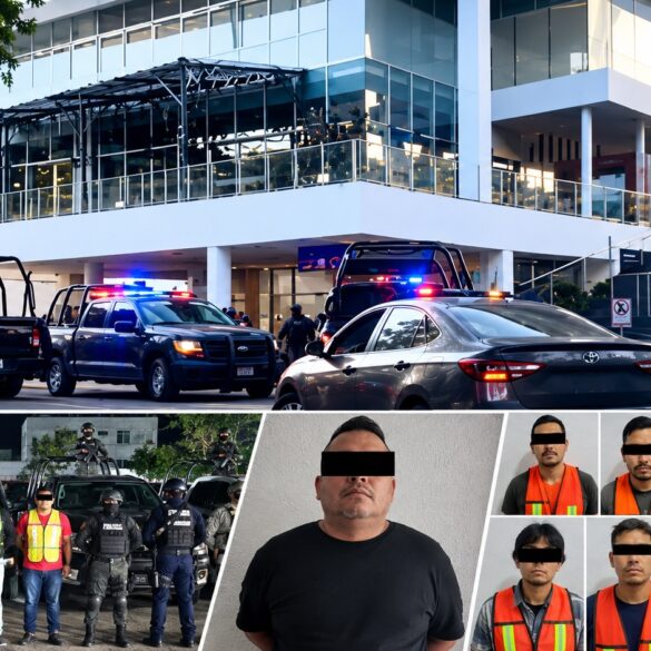Visual HERO con la imagen principal del operativo tras el asalto en Plaza Ankor y una retícula inferior con casos previos de detenidos en Tabasco.