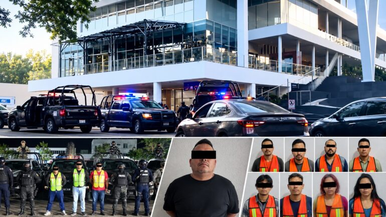 Visual HERO con la imagen principal del operativo tras el asalto en Plaza Ankor y una retícula inferior con casos previos de detenidos en Tabasco.