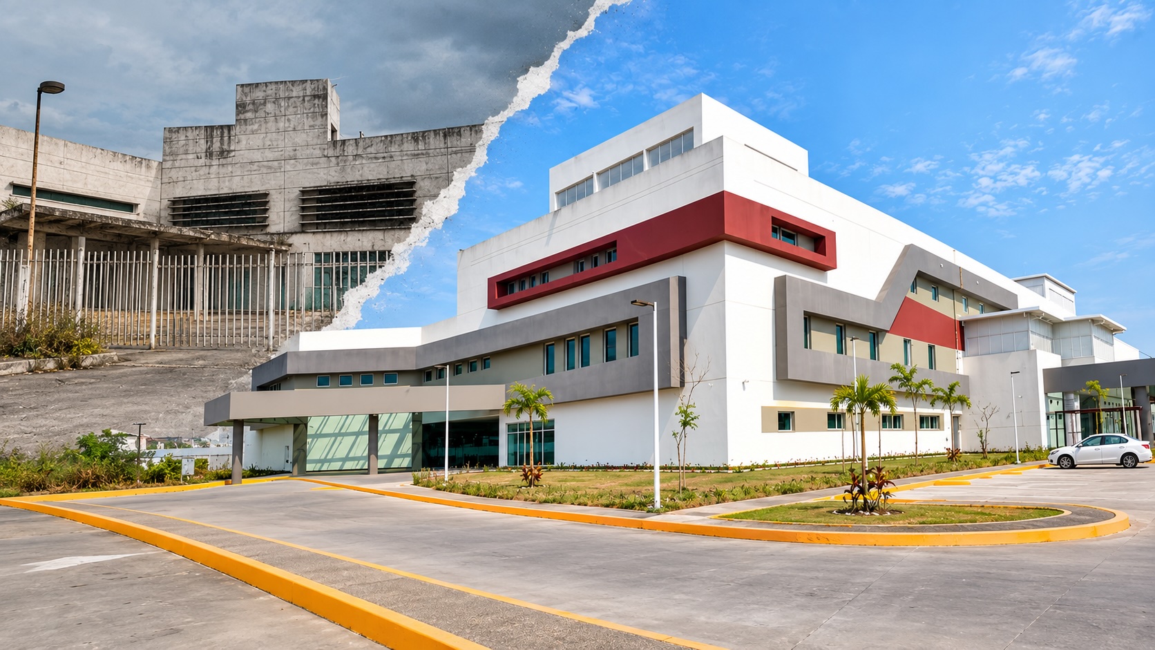 Vista aérea del nuevo Hospital General de Cárdenas, Tabasco, con sus edificios, accesos y áreas exteriores terminadas.