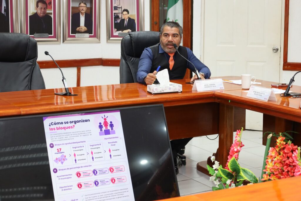 Presentación del IEPCT sobre bloques de oportunidad y competitividad para aplicar la paridad en las elecciones de Tabasco de 2027.