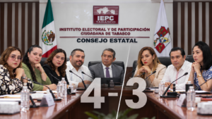 Montaje editorial del Consejo Estatal del IEPCT dividido en una votación de cuatro contra tres durante el proceso electoral 2026-2027.