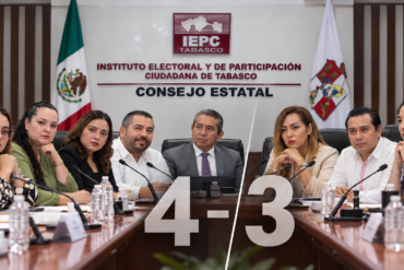 Montaje editorial del Consejo Estatal del IEPCT dividido en una votación de cuatro contra tres durante el proceso electoral 2026-2027.