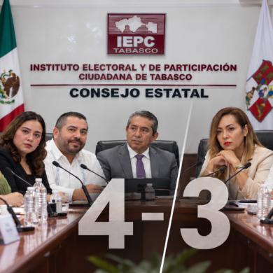 Montaje editorial del Consejo Estatal del IEPCT dividido en una votación de cuatro contra tres durante el proceso electoral 2026-2027.