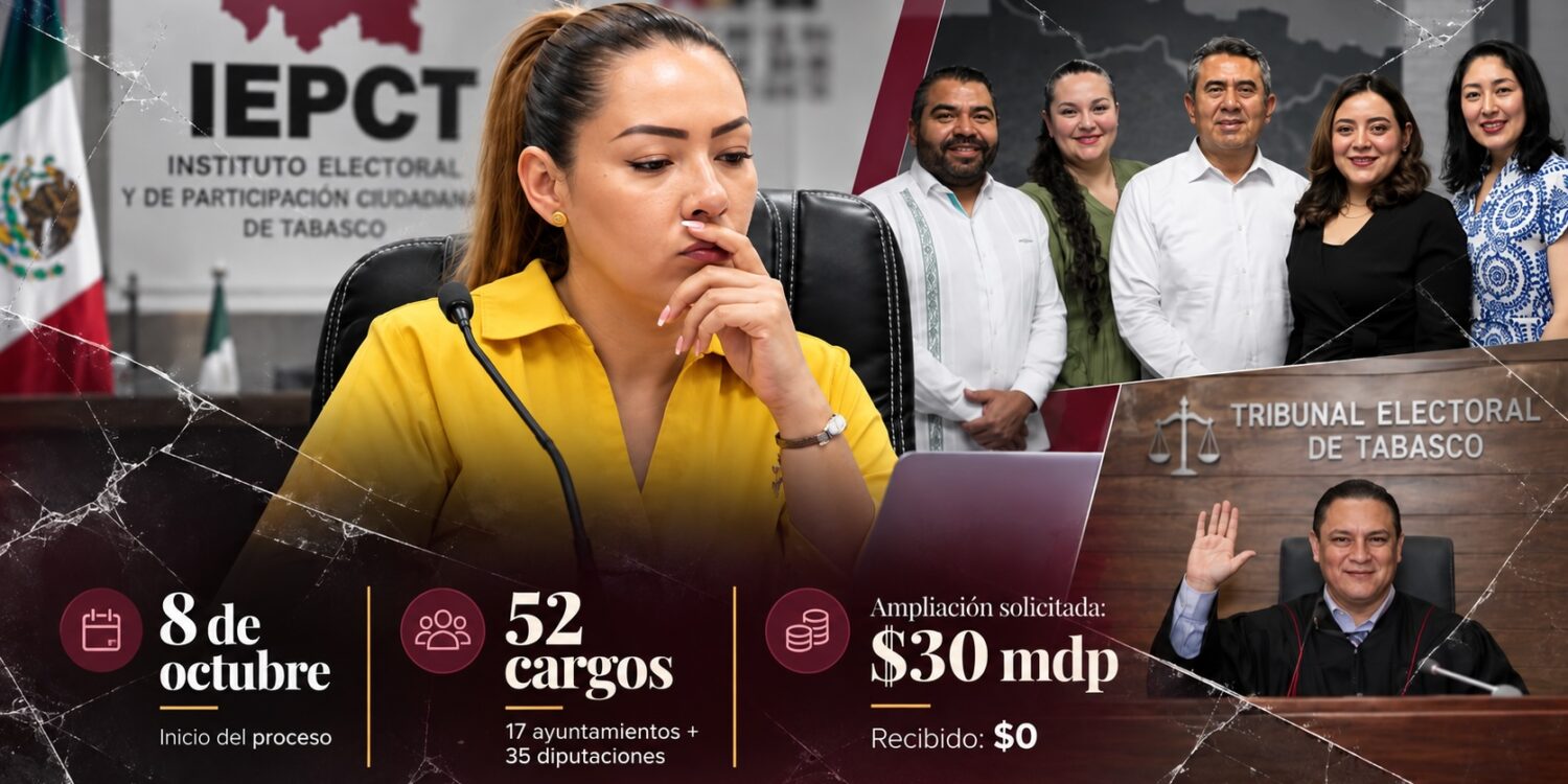 Composición periodística sobre la crisis interna del IEPCT: al centro aparece la presidenta del organismo; a la derecha, el bloque de consejerías junto a una imagen del Tribunal Electoral de Tabasco; al pie se muestran tres datos clave sobre el arranque del proceso electoral en Tabasco.