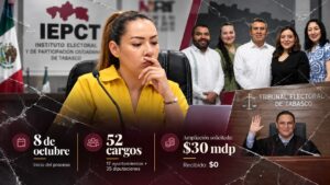 Composición periodística sobre la crisis interna del IEPCT: al centro aparece la presidenta del organismo; a la derecha, el bloque de consejerías junto a una imagen del Tribunal Electoral de Tabasco; al pie se muestran tres datos clave sobre el arranque del proceso electoral en Tabasco.