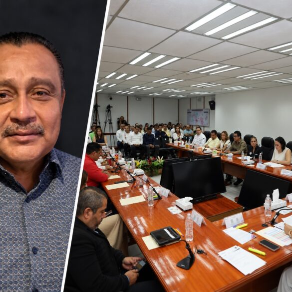 Retrato de Rigoberto De la O Gallegos junto a una imagen de sesión del Consejo Estatal del IEPCT Tabasco, en el contexto de la definición de la Secretaría Ejecutiva.