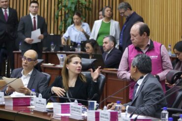 Consejeros y representantes partidistas dialogan durante una sesión del Consejo General del INE en la que se revisaron nombramientos electorales.