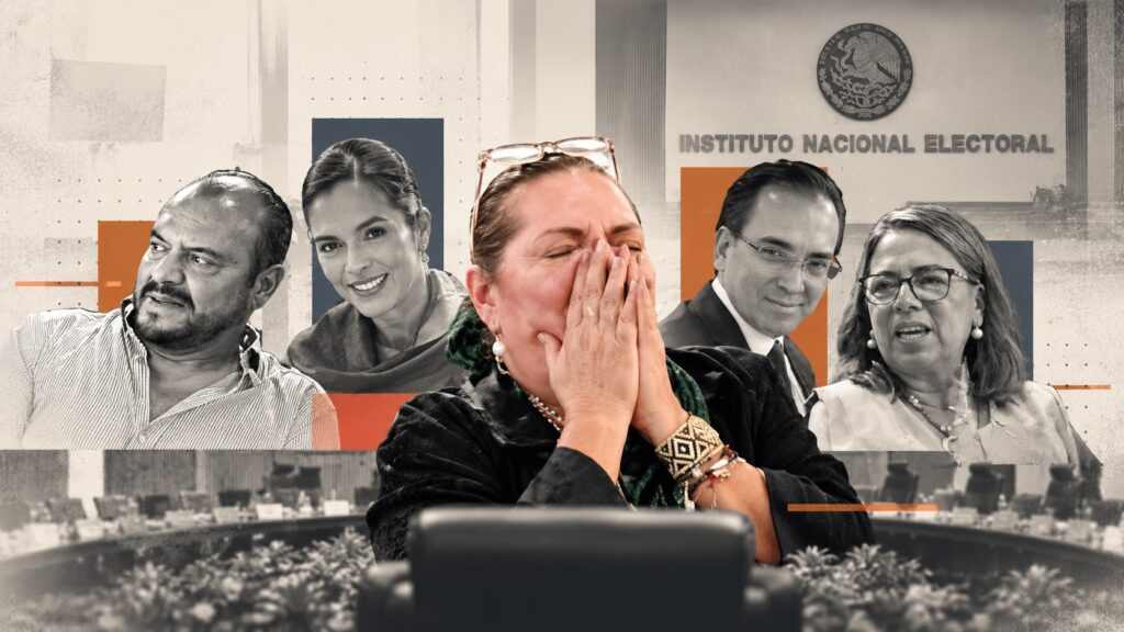 Fotoarte editorial sobre la salida de funcionarios del INE tras la renuncia de Guadalupe Taddei, con retratos de personas vinculadas a la administración anterior y el edificio institucional como fondo.