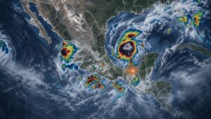 Satélite: tormenta tropical Isaías en el Golfo de México, con lluvias en el sureste y focos de tormenta en el Pacífico