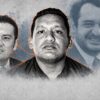 Fotoilustración de Iván Cazarín Molina, alias El Tanque, en primer plano; Jorge Amílcar Olán a su izquierda y Andrés Manuel López Beltrán al fondo, en una composición sobre presuntos vínculos investigados.