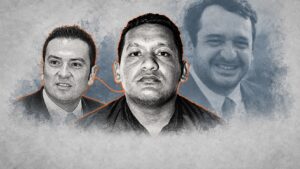 Fotoilustración de Iván Cazarín Molina, alias El Tanque, en primer plano; Jorge Amílcar Olán a su izquierda y Andrés Manuel López Beltrán al fondo, en una composición sobre presuntos vínculos investigados.