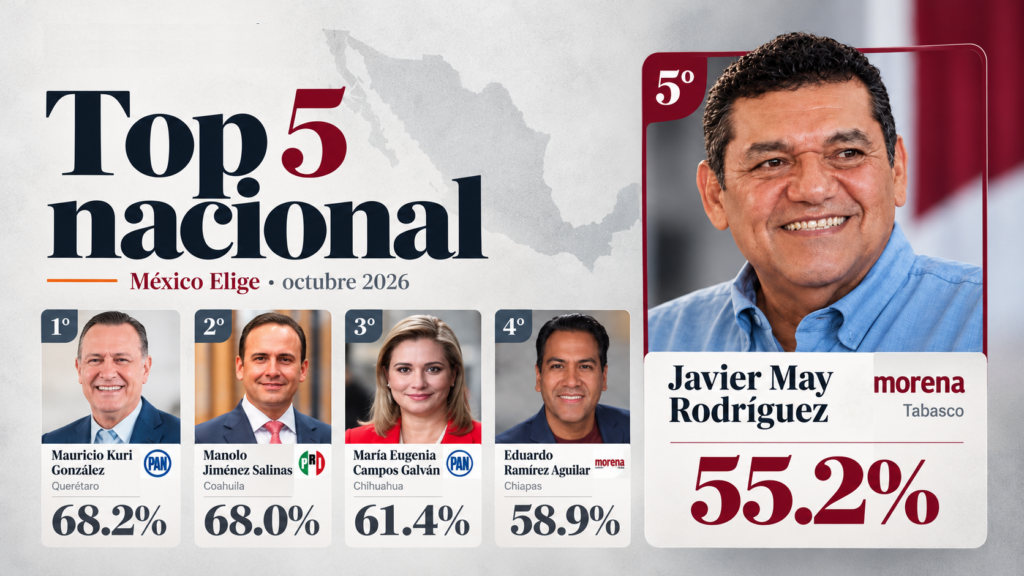 Infografía del ranking de México Elige de octubre de 2026, con Javier May Rodríguez en quinto lugar nacional y 55.2% de aprobación, junto a los gobernadores de Querétaro, Coahuila, Chihuahua y Chiapas.