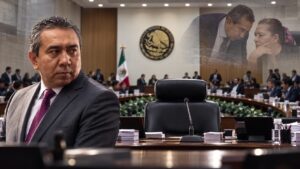 Fotoarte editorial de Jorge Montaño Ventura junto a una silla vacía que simboliza la presidencia del INE, con el Consejo General y Guadalupe Taddei en segundo plano.