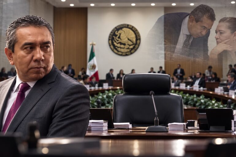 Fotoarte editorial de Jorge Montaño Ventura junto a una silla vacía que simboliza la presidencia del INE, con el Consejo General y Guadalupe Taddei en segundo plano.