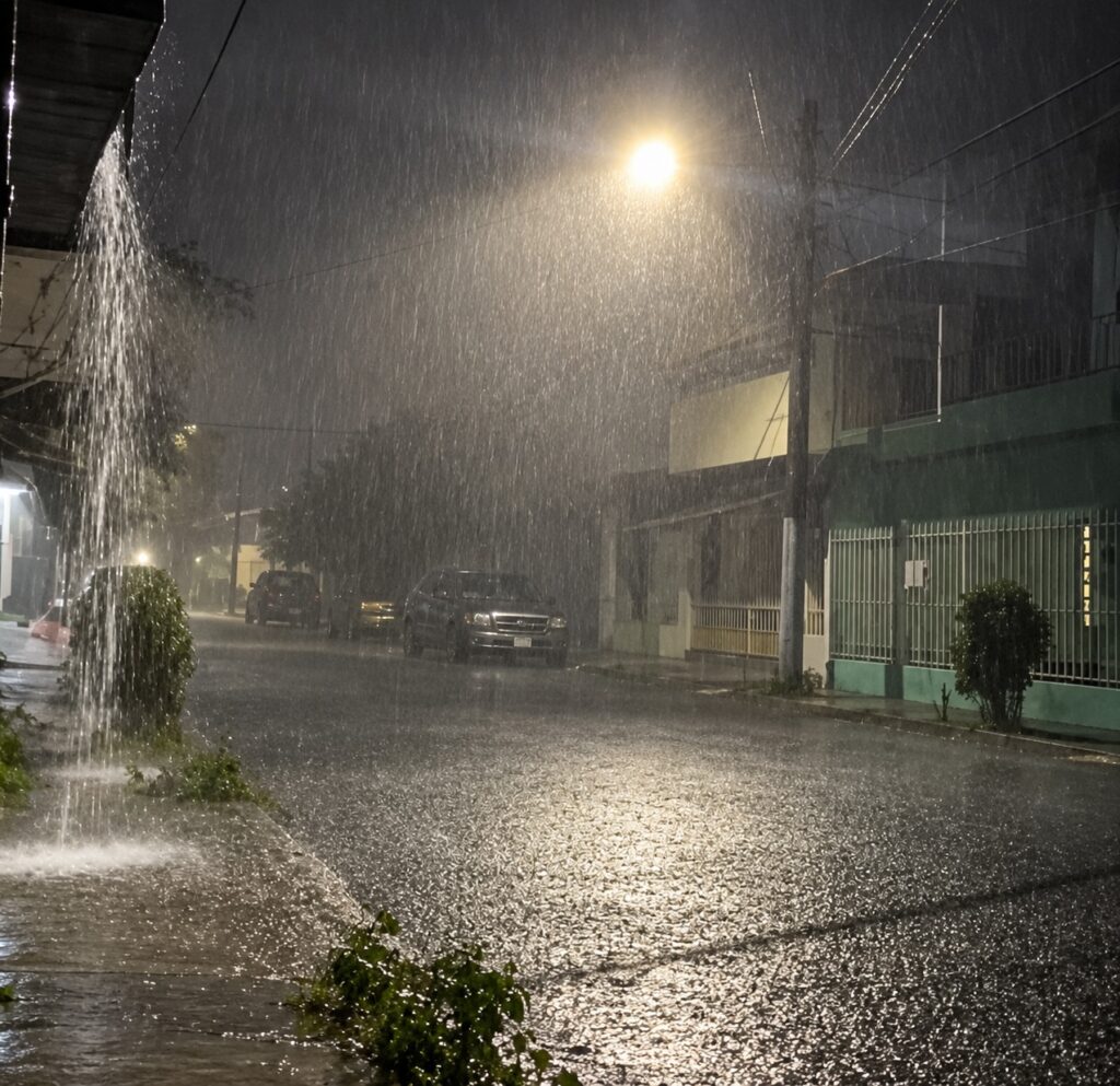 Intensa lluvia nocturna cae sobre una calle de Tabasco, donde el agua escurre desde los techos y se acumula sobre el pavimento iluminado por una lámpara.