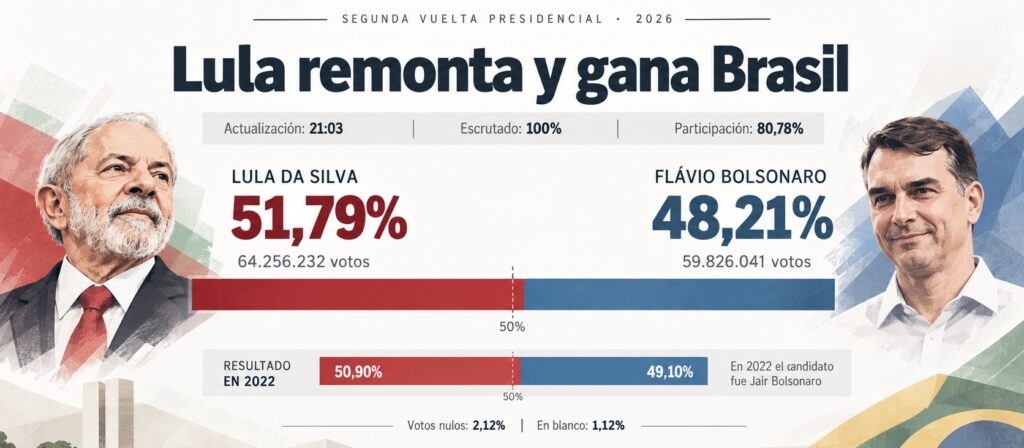 Infografía de las elecciones de Brasil 2026 con Lula da Silva (51.79%) y Flávio Bolsonaro (48.21%), sus fotografías y comparación de resultados con 2022.