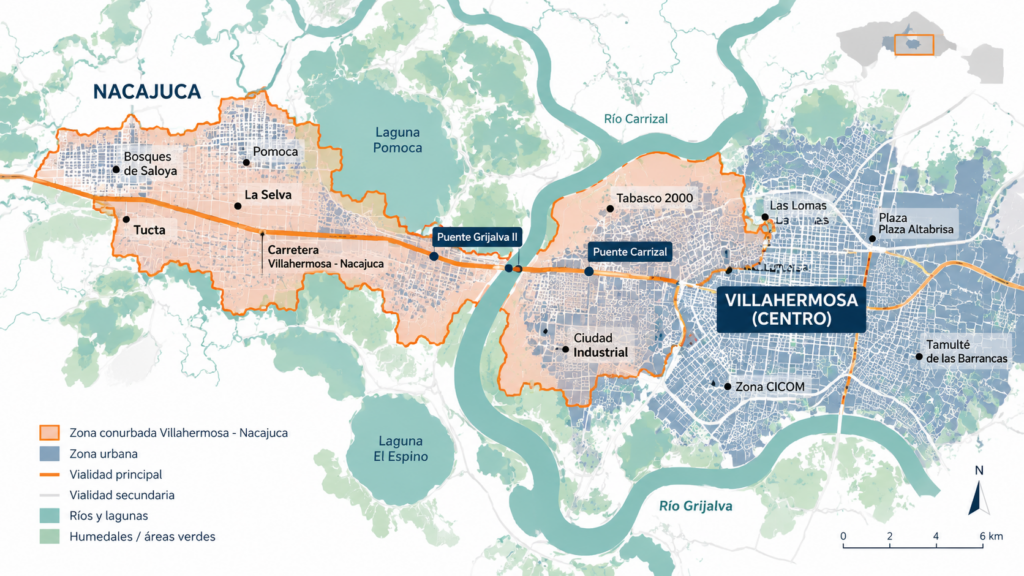 Mapa ilustrado de la zona conurbada Villahermosa-Nacajuca con Bosques de Saloya, Pomoca, La Selva y Tucta unidos a Villahermosa por la carretera Villahermosa-Nacajuca