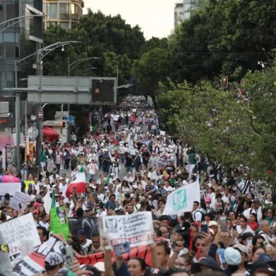 Multitud de trabajadores del IMSS con batas blancas avanza por una avenida arbolada durante la marcha nacional, con una bandera del instituto y carteles contra el dirigente sindical.