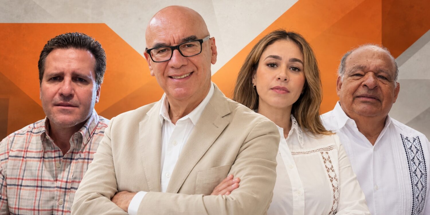 Composición editorial con Pedro Jiménez León, Karla Rabelo, Gerardo Gaudiano y Dante Delgado, en un fotoarte político sobre la disputa interna de Movimiento Ciudadano en Tabasco.