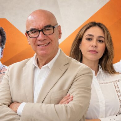 Composición editorial con Pedro Jiménez León, Karla Rabelo, Gerardo Gaudiano y Dante Delgado, en un fotoarte político sobre la disputa interna de Movimiento Ciudadano en Tabasco.