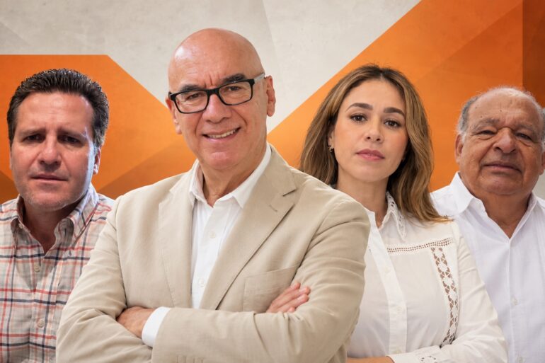 Composición editorial con Pedro Jiménez León, Karla Rabelo, Gerardo Gaudiano y Dante Delgado, en un fotoarte político sobre la disputa interna de Movimiento Ciudadano en Tabasco.