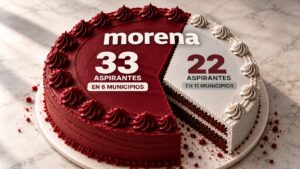 Ilustración de un pastel con el logotipo de Morena, dividido entre 33 aspirantes registrados en seis municipios de Tabasco y 22 en los otros once, rumbo a 2027.