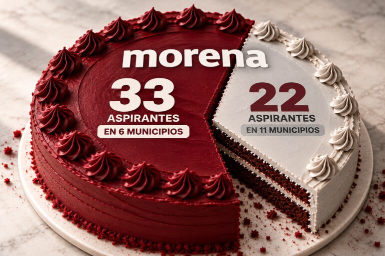 Ilustración de un pastel con el logotipo de Morena, dividido entre 33 aspirantes registrados en seis municipios de Tabasco y 22 en los otros once, rumbo a 2027.