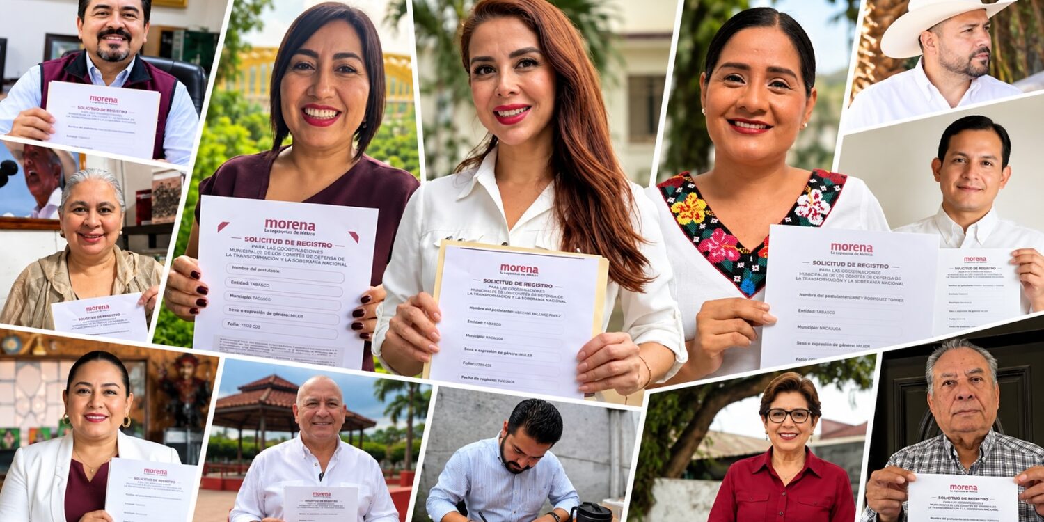 Fotoarte con imágenes de distintos aspirantes a las coordinaciones municipales de Morena en Tabasco, varios de ellos mostrando sus solicitudes de registro para el proceso interno rumbo a 2027.