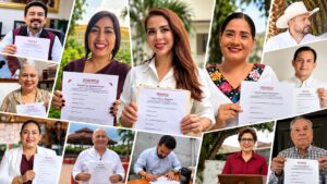 Fotoarte con imágenes de distintos aspirantes a las coordinaciones municipales de Morena en Tabasco, varios de ellos mostrando sus solicitudes de registro para el proceso interno rumbo a 2027.