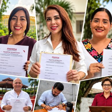 Fotoarte con imágenes de distintos aspirantes a las coordinaciones municipales de Morena en Tabasco, varios de ellos mostrando sus solicitudes de registro para el proceso interno rumbo a 2027.