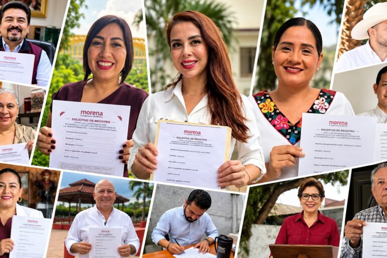 Fotoarte con imágenes de distintos aspirantes a las coordinaciones municipales de Morena en Tabasco, varios de ellos mostrando sus solicitudes de registro para el proceso interno rumbo a 2027.