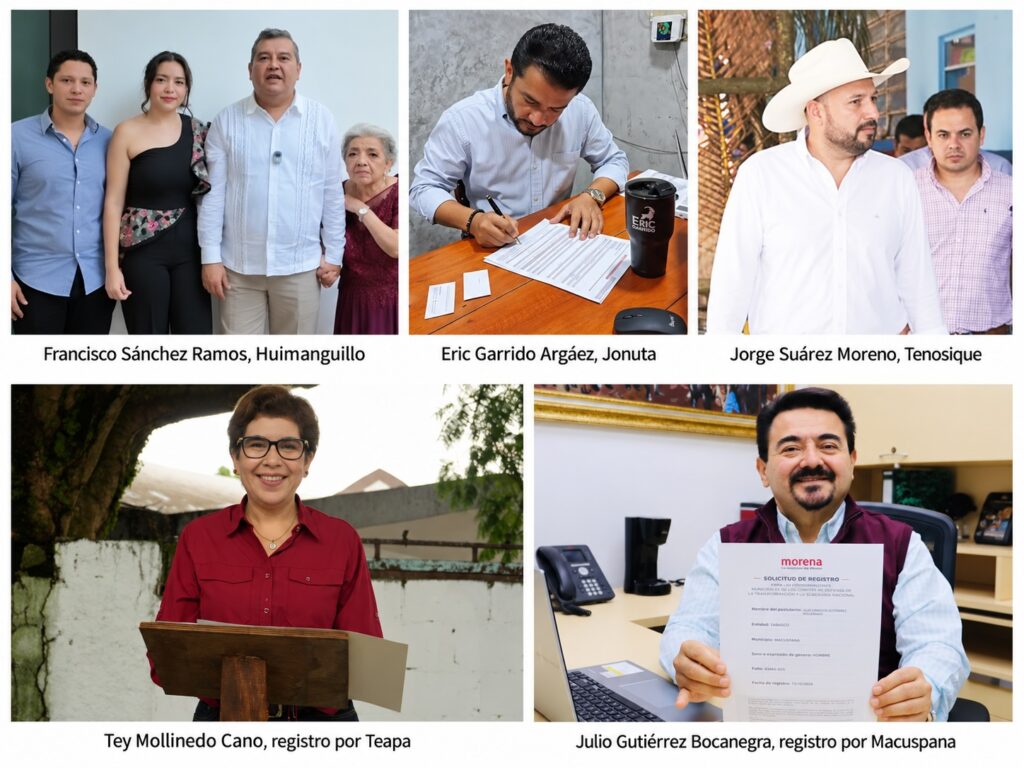Collage de Francisco Sánchez Ramos, Eric Garrido Argáez y Jorge Suárez Moreno, exalcaldes que buscan nuevas posiciones en Morena, junto con Tey Mollinedo Cano y Julio Gutiérrez Bocanegra, aspirantes por Teapa y Macuspana.