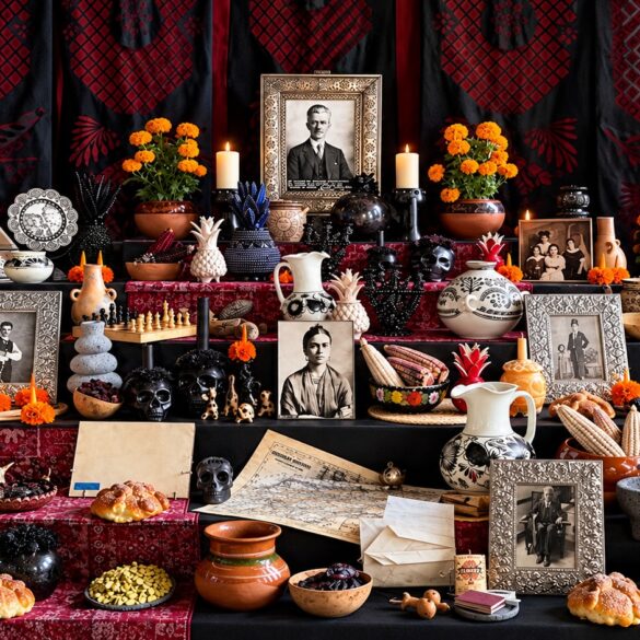 Ofrenda de Día de Muertos dedicada a Guillermo Kahlo en la Casa Azul, con retratos familiares, flores de cempasúchil, veladoras y objetos personales.