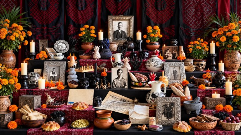 Ofrenda de Día de Muertos dedicada a Guillermo Kahlo en la Casa Azul, con retratos familiares, flores de cempasúchil, veladoras y objetos personales.