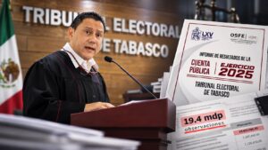 Oswald Lara Borges frente al Tribunal Electoral de Tabasco junto al Informe de Resultados del OSFE sobre la Cuenta Pública 2025.