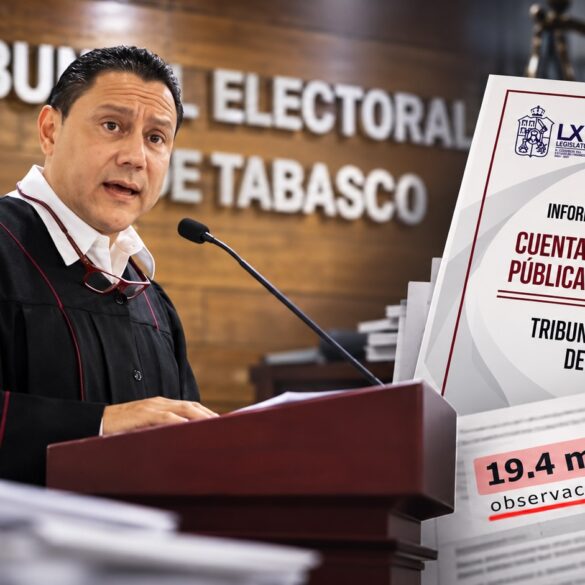 Oswald Lara Borges frente al Tribunal Electoral de Tabasco junto al Informe de Resultados del OSFE sobre la Cuenta Pública 2025.