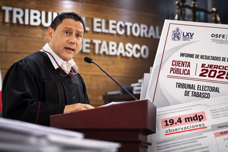 Oswald Lara Borges frente al Tribunal Electoral de Tabasco junto al Informe de Resultados del OSFE sobre la Cuenta Pública 2025.