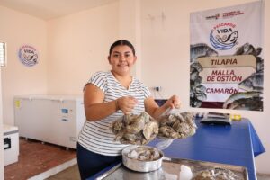 Productora muestra ostiones en punto de venta de Pescando Vida en Tenosique