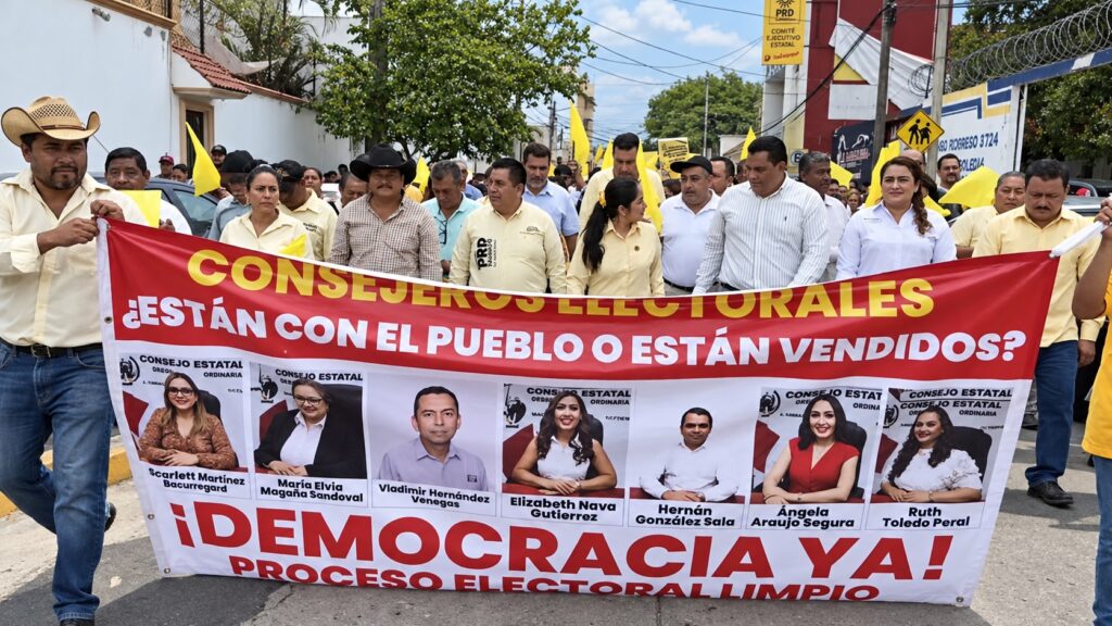 Militantes del PRD marchan hacia las instalaciones del IEPCT durante el inicio del proceso electoral 2026-2027 en Tabasco.