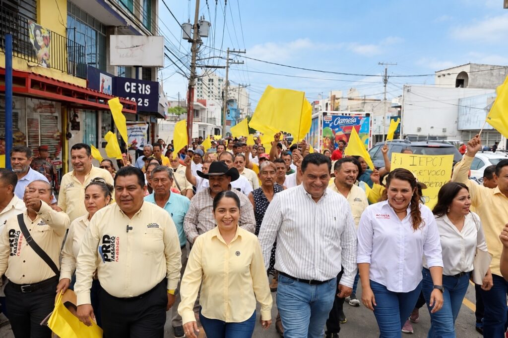Movilización del PRD Tabasco con Rafael Acosta León y simpatizantes que portan banderas amarillas durante una marcha por calles de la ciudad.