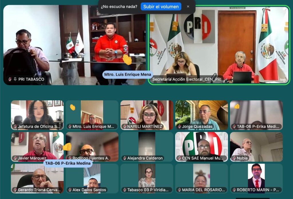 Reunión virtual de dirigentes y representantes del PRI en Tabasco con integrantes de la Secretaría de Acción Electoral del Comité Ejecutivo Nacional, para coordinar trabajos rumbo a las elecciones de 2027.