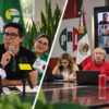 Fotoarte editorial del PVEM y PRI en Tabasco: dirigentes del Partido Verde durante una conferencia de prensa y representantes priistas en una reunión virtual de organización electoral rumbo a 2027.