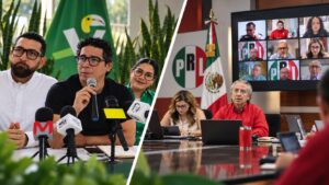 Fotoarte editorial del PVEM y PRI en Tabasco: dirigentes del Partido Verde durante una conferencia de prensa y representantes priistas en una reunión virtual de organización electoral rumbo a 2027.