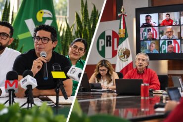Fotoarte editorial del PVEM y PRI en Tabasco: dirigentes del Partido Verde durante una conferencia de prensa y representantes priistas en una reunión virtual de organización electoral rumbo a 2027.