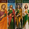 Collage ilustrativo de la evolución de la imagen de San Judas Tadeo desde el arte medieval del siglo XIV hasta la representación devocional actual en México.