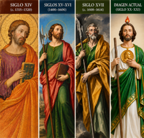 Collage ilustrativo de la evolución de la imagen de San Judas Tadeo desde el arte medieval del siglo XIV hasta la representación devocional actual en México.