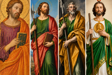 Collage ilustrativo de la evolución de la imagen de San Judas Tadeo desde el arte medieval del siglo XIV hasta la representación devocional actual en México.