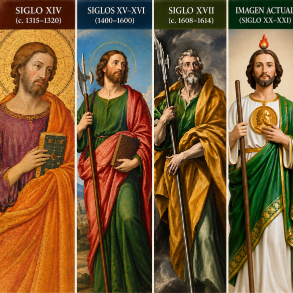 Collage ilustrativo de la evolución de la imagen de San Judas Tadeo desde el arte medieval del siglo XIV hasta la representación devocional actual en México.
