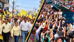 Fotoarte editorial sobre las resoluciones del TEPJF: multas al PRD Tabasco y desechamiento de la denuncia de Movimiento Ciudadano por la gira de Claudia Sheinbaum.